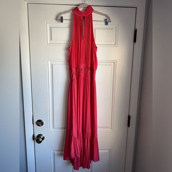 RAMY BROOK SIZE L Annette Halter Midi Dress In Punch PINK eyelet embroidered - Picture 4 of 11